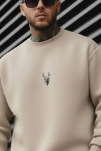 Erkek Taş Kum Bej Geyik Soft 3 İplik içi Şardonlu 0 Sıfır Yaka Oversize Salaş Sweatshirt