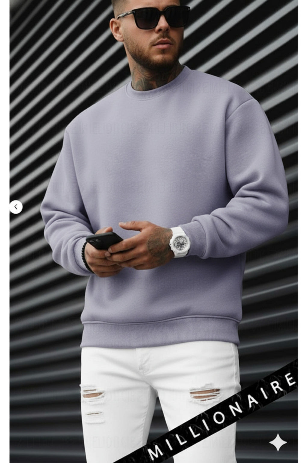 Erkek Lila Tonlu Gri Basic 0 Sıfır Yaka Baskısız Düz Oversize Salaş Bol Kesim Sweatshirt