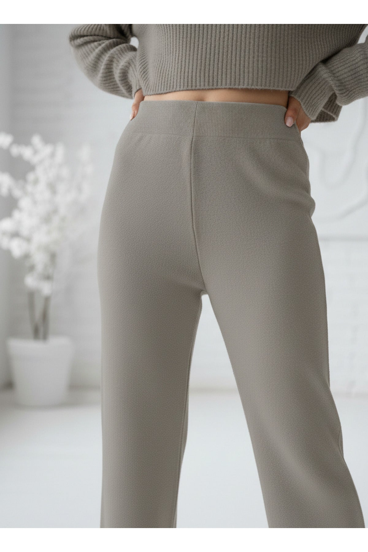 Kadın Taş Rengi Triko Pantolon Tek Alt S-M-L Uyumlu Esnek Tek Beden