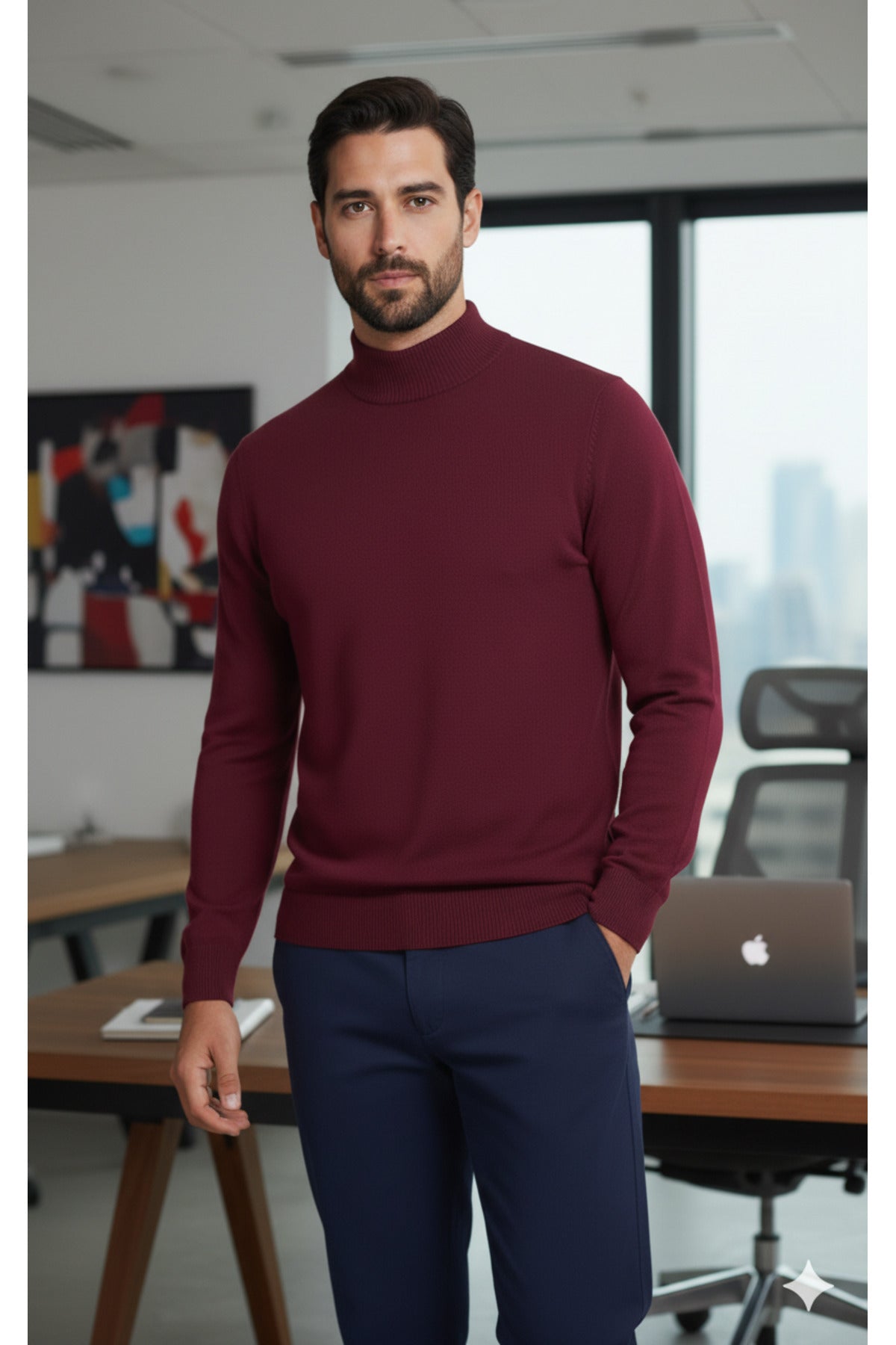 Erkek Bordo Yarım Balıkçı Yaka Standart Normal Kesim Regular Fit Akrilik Karışımlı Triko Kazak