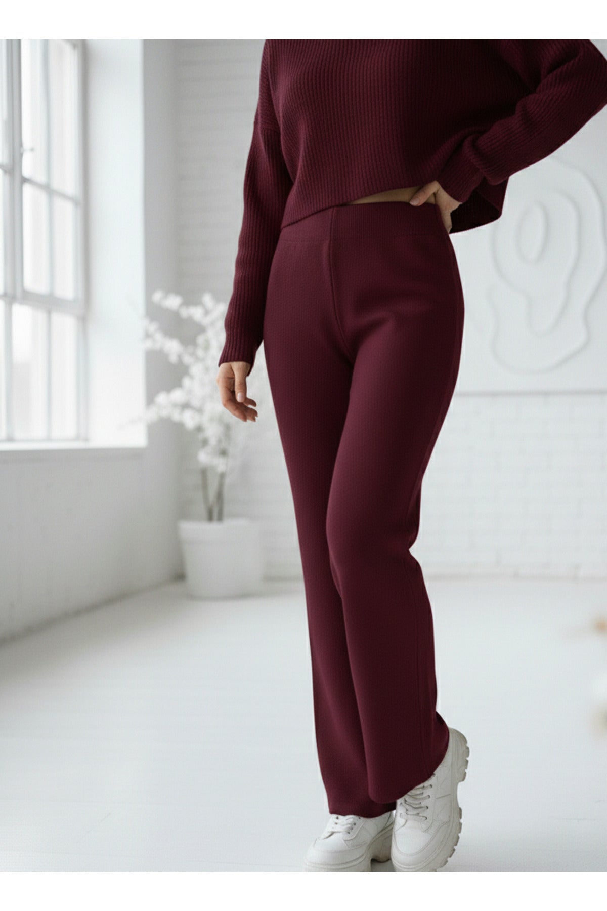 Kadın Bordo Triko Pantolon Tek Alt S-M-L Uyumlu Esnek Tek Beden