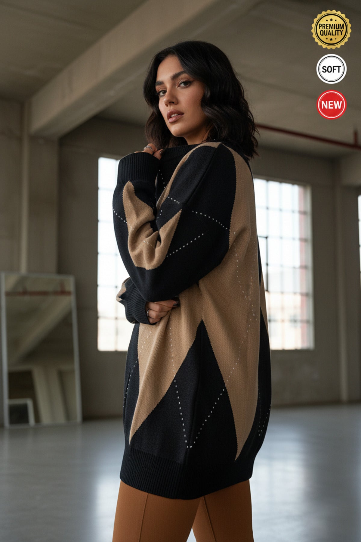 Kadın Siyah Bej Büyük Baklava Desen Tunik S-M-L Beden Uyumlu Oversize Uzun Tunik Triko Kazak