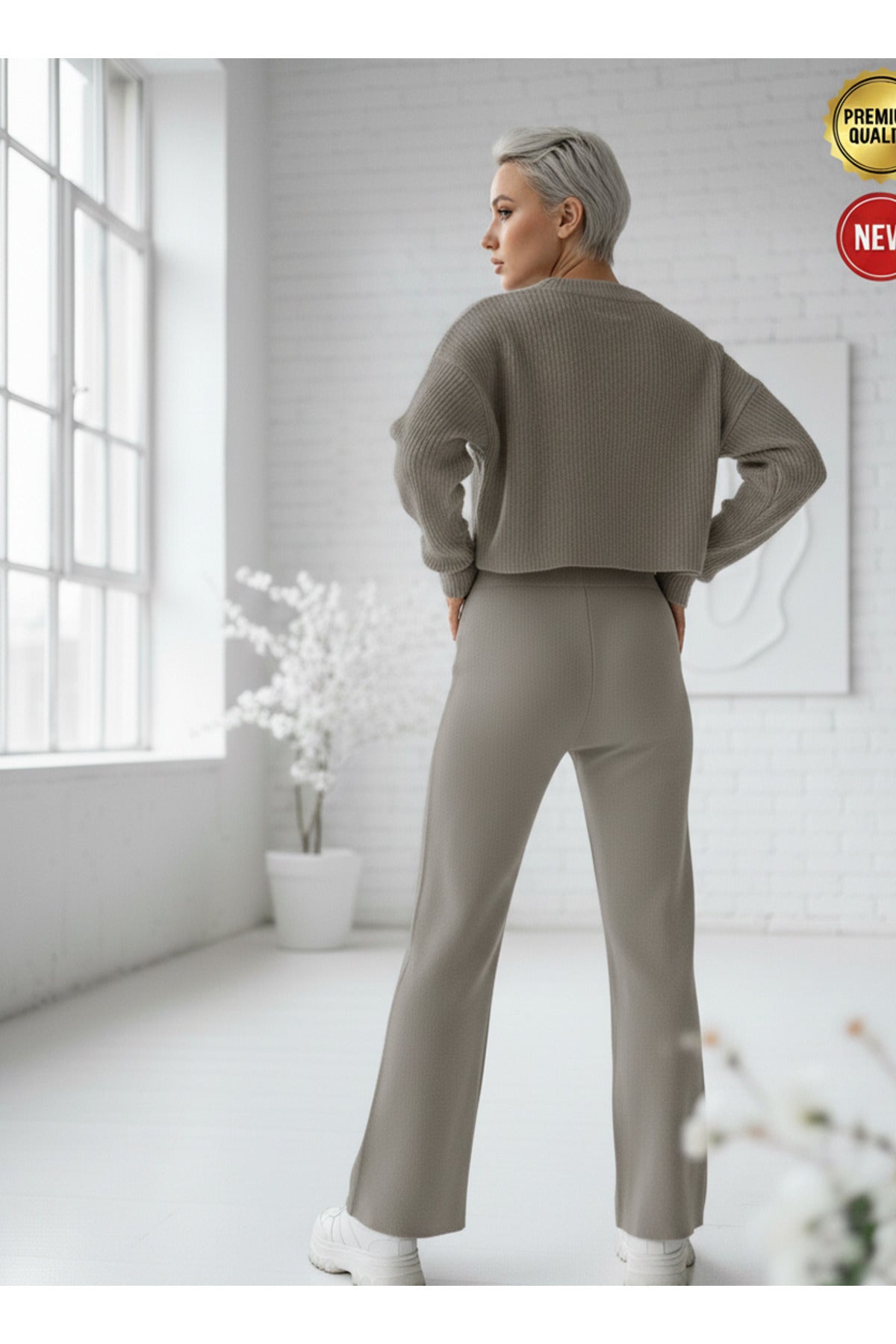 Kadın Taş Rengi Triko Pantolon Tek Alt S-M-L Uyumlu Esnek Tek Beden