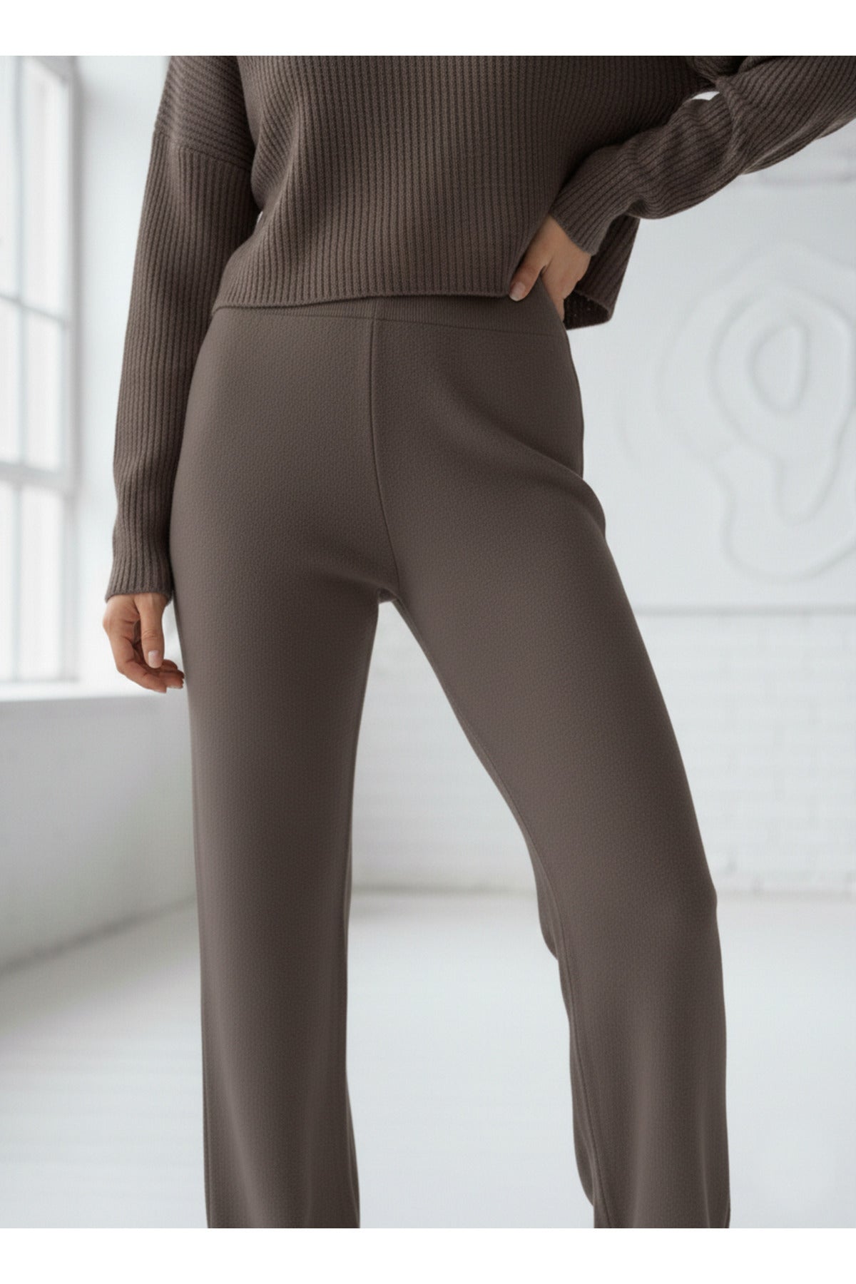 Kadın Koyu Vizon Triko Pantolon Tek Alt S-M-L Uyumlu Esnek Tek Beden