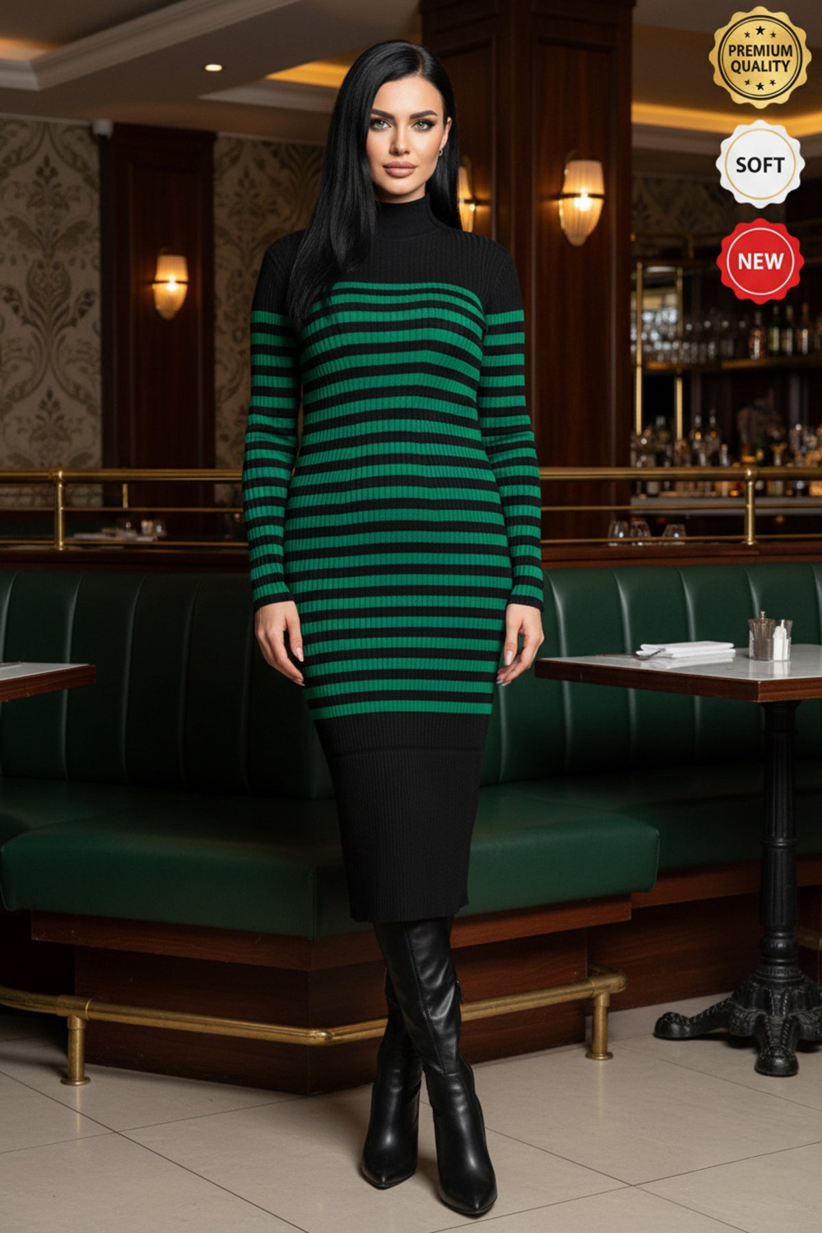 Kadın Yeşil Siyah Çizgi Detaylı Yarım Balıkçı Slim Kalem Triko Elbise