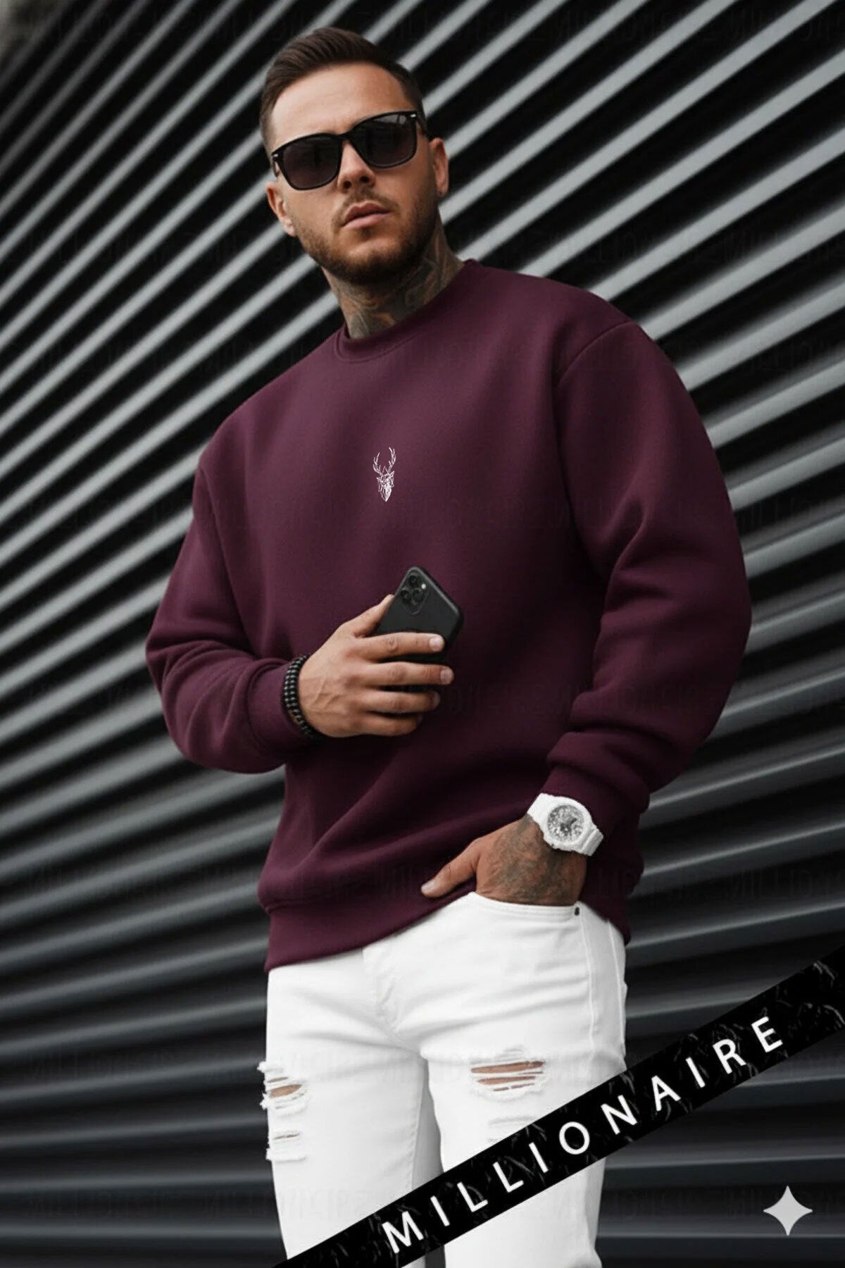 Erkek Vişne Koyu Bordo Geyik Soft 3 İplik içi Şardonlu 0 Sıfır Yaka Oversize Salaş Sweatshirt