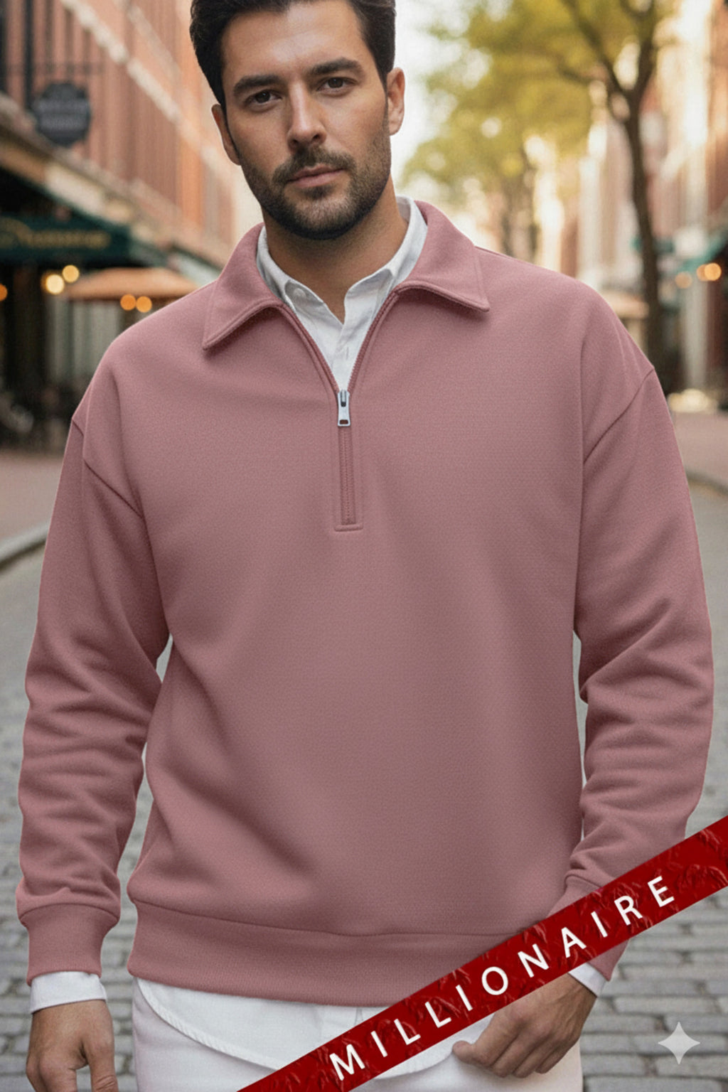 Erkek Gül Kurusu Yarım Fermuar Polo Yaka 3 İplik İçi Polarlı Şardonlu Oversize Sweatshirt