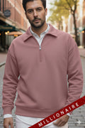 Erkek Gül Kurusu Yarım Fermuar Polo Yaka 3 İplik İçi Polarlı Şardonlu Oversize Sweatshirt