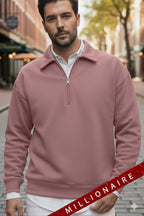 Erkek Gül Kurusu Yarım Fermuar Polo Yaka 3 İplik İçi Polarlı Şardonlu Oversize Sweatshirt