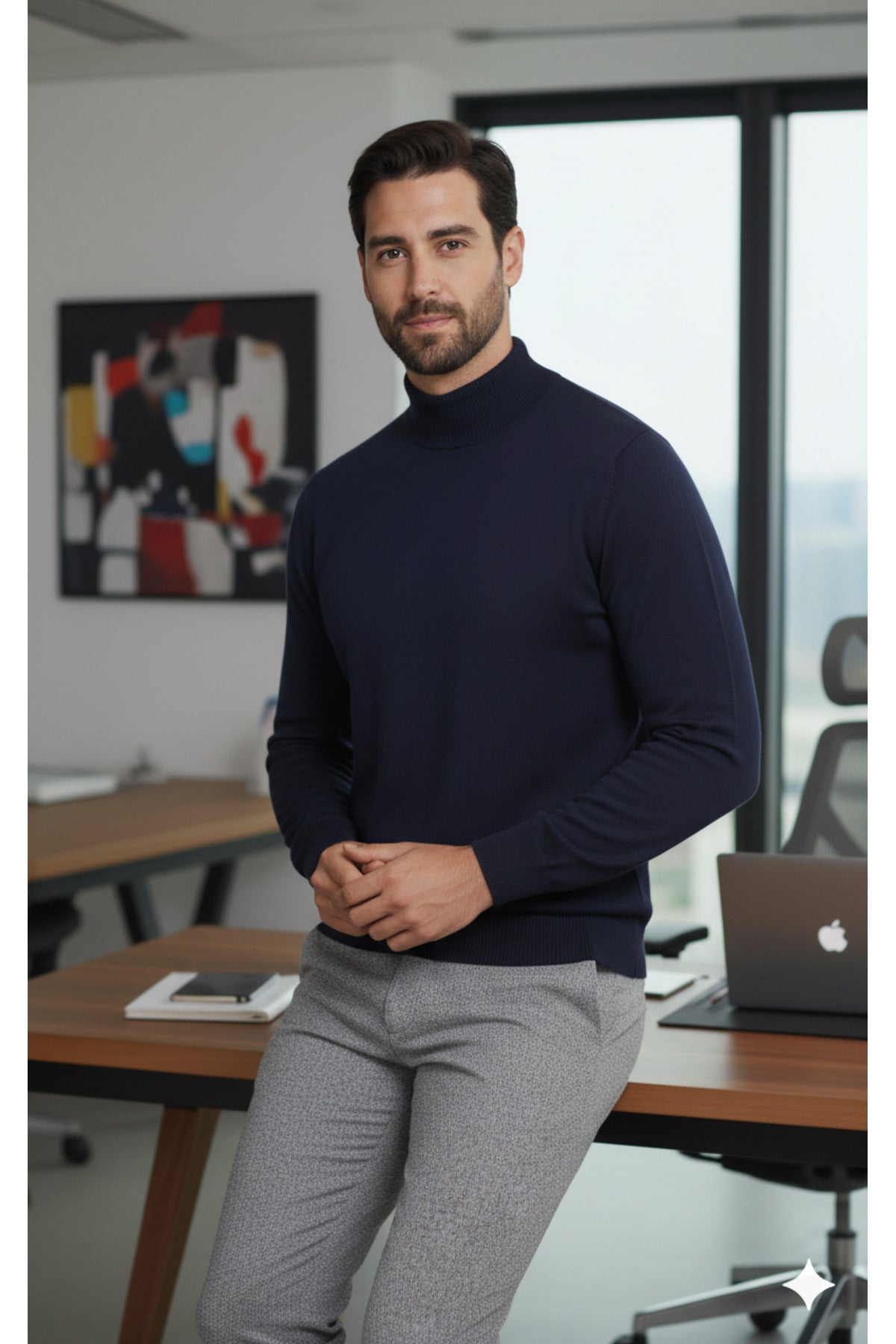 Erkek Lacivert Yarım Balıkçı Yaka Standart Normal Kesim Regular Akrilik Karışımlı Triko Kazak