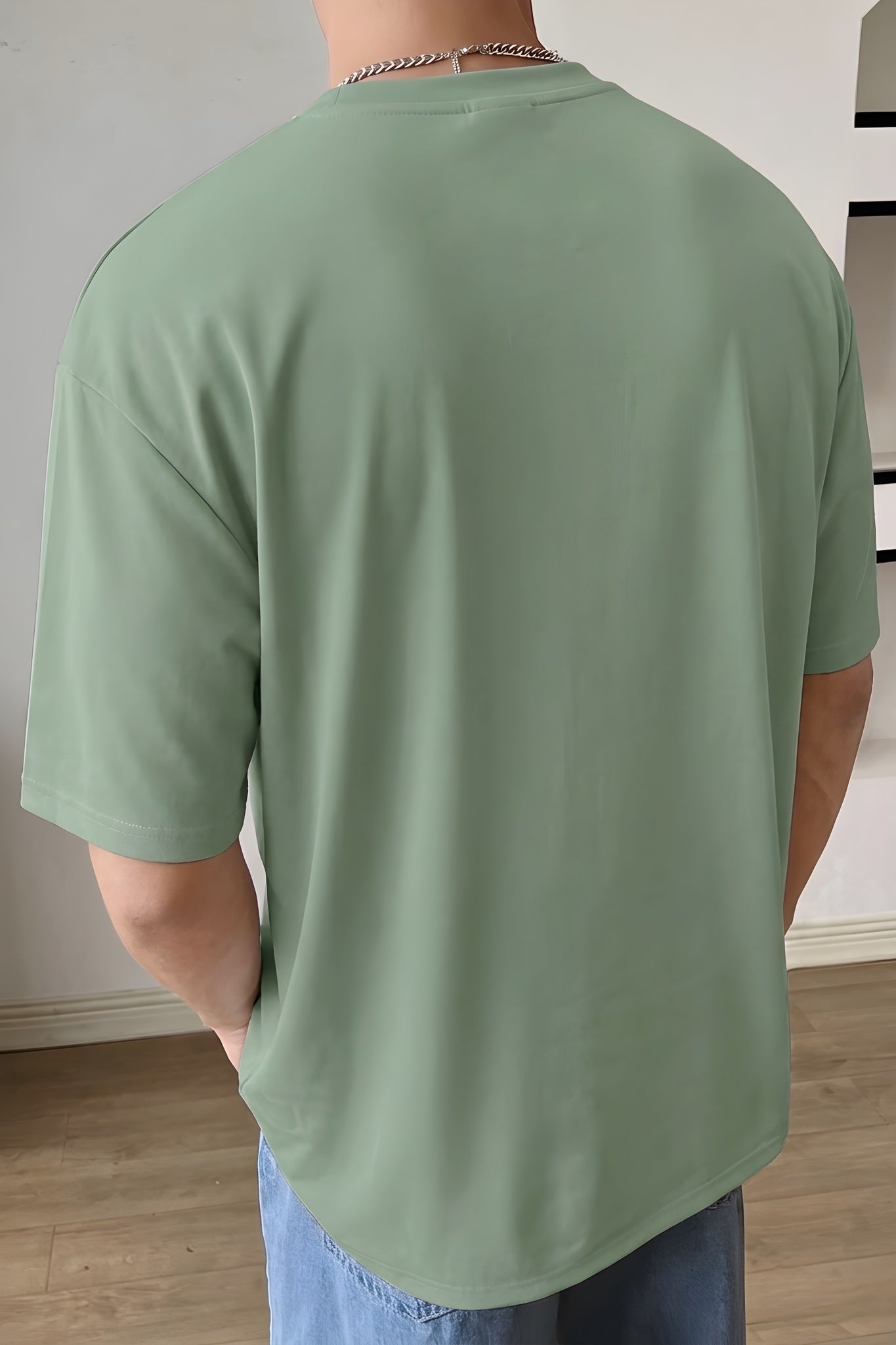 Erkek Açık Yeşil Basic Düz Baskısız Oversize Salas Boyfriend T-Shirt