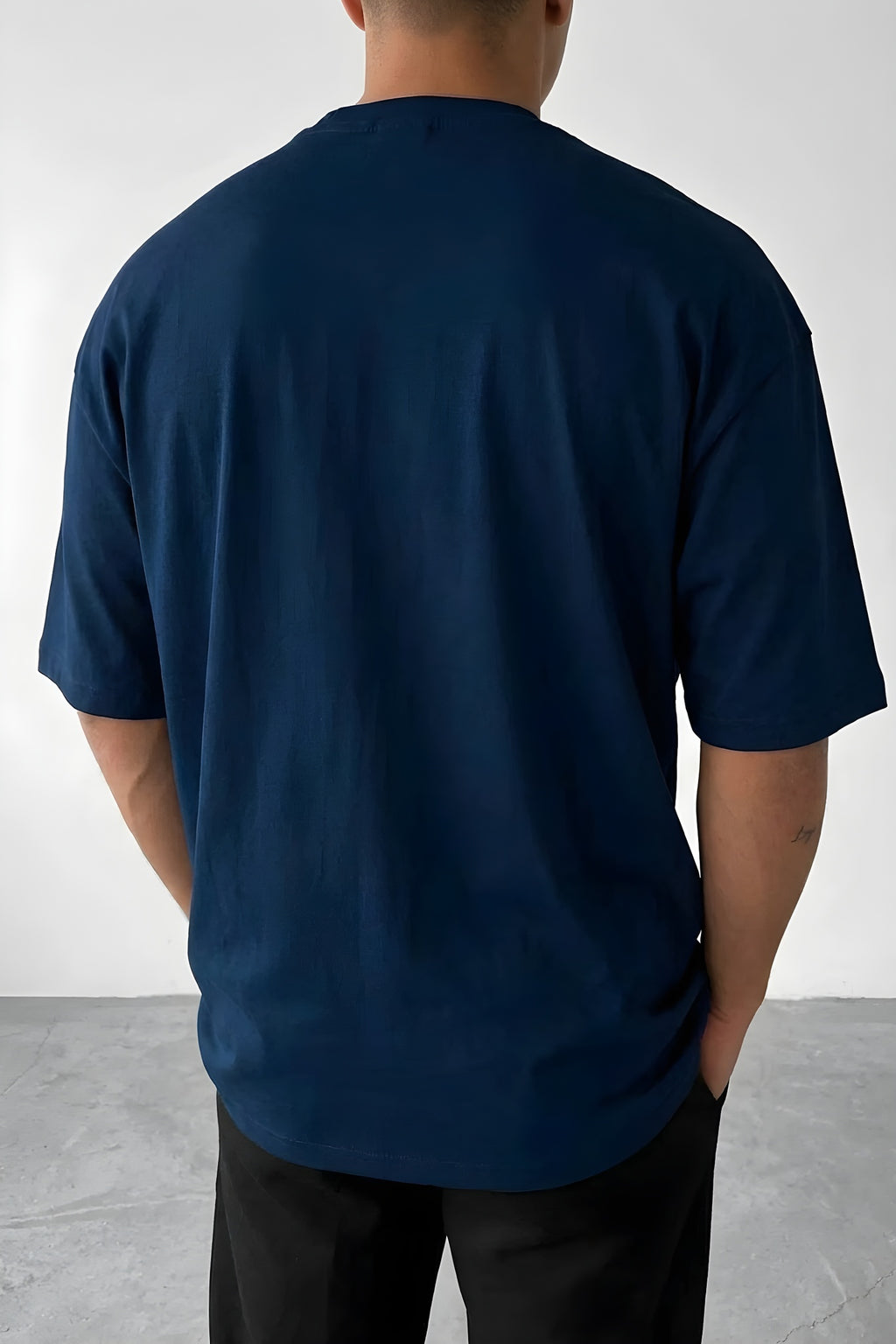 Erkek Lacivert Free Life Bisiklet Yaka Oversize Salas T-Shirt