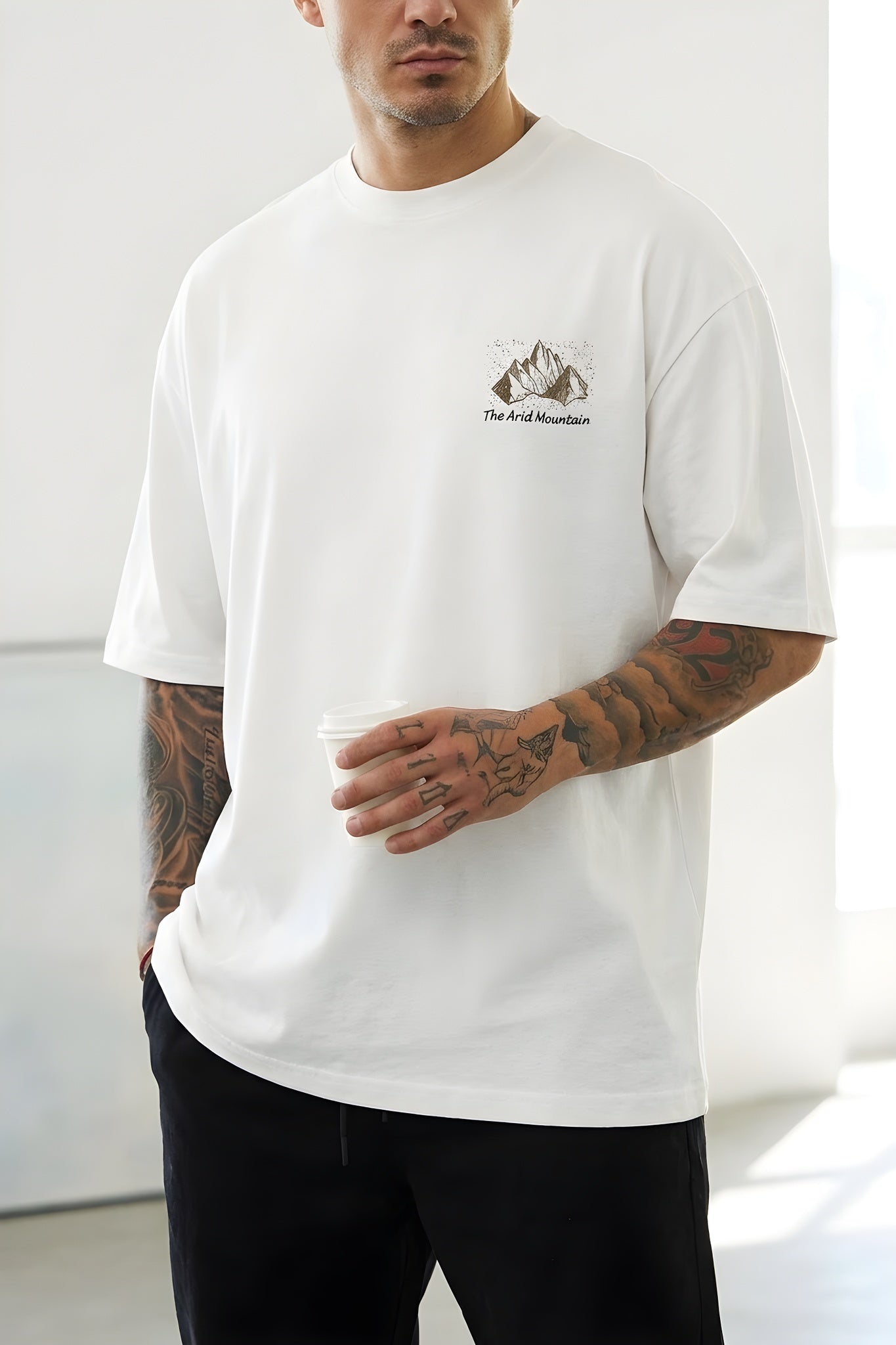 Erkek Arid Mountain Oversize Ekru Beyaz Salas T-Shirt