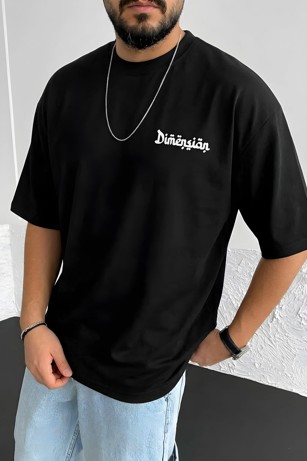 Erkek Dimension Kabaran Baskılı Siyah Bisiklet Yaka Oversize Salaş T-Shirt