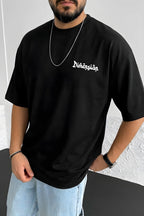 Erkek Dimension Kabaran Baskılı Siyah Bisiklet Yaka Oversize Salaş T-Shirt