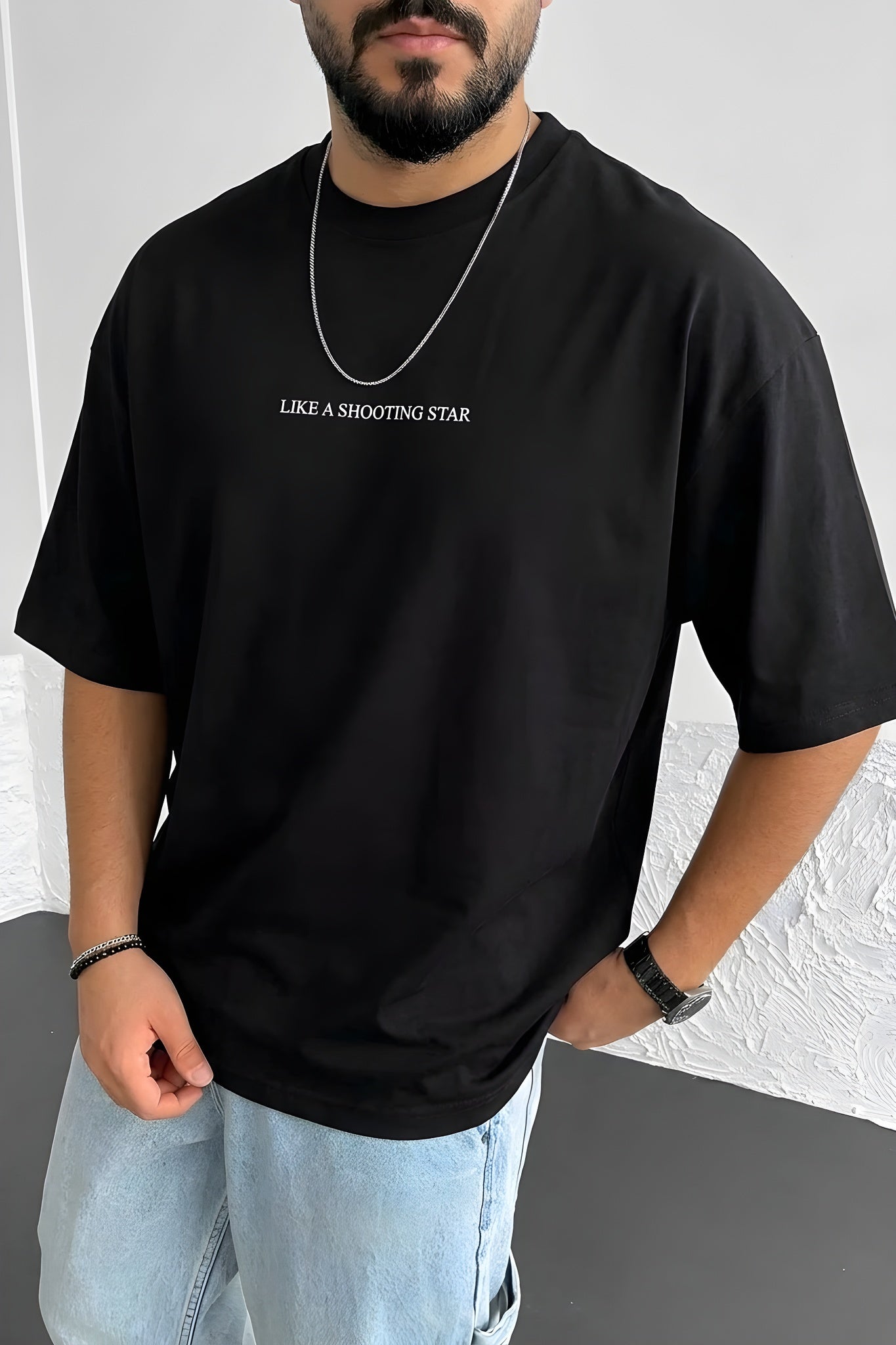 Erkek Dragon Baskılı Siyah Bisiklet Yaka Oversize Salaş T-Shirt