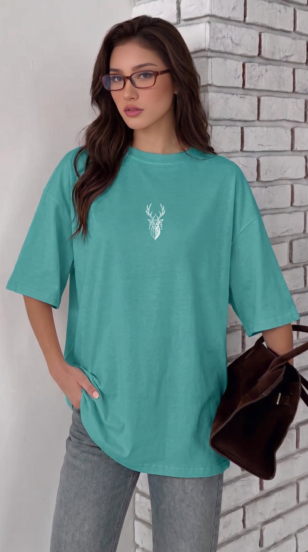 Kadın Turkuaz Geyik Oversize Salas Boyfriend T-shirt