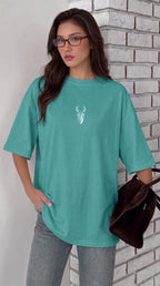 Kadın Turkuaz Geyik Oversize Salas Boyfriend T-shirt