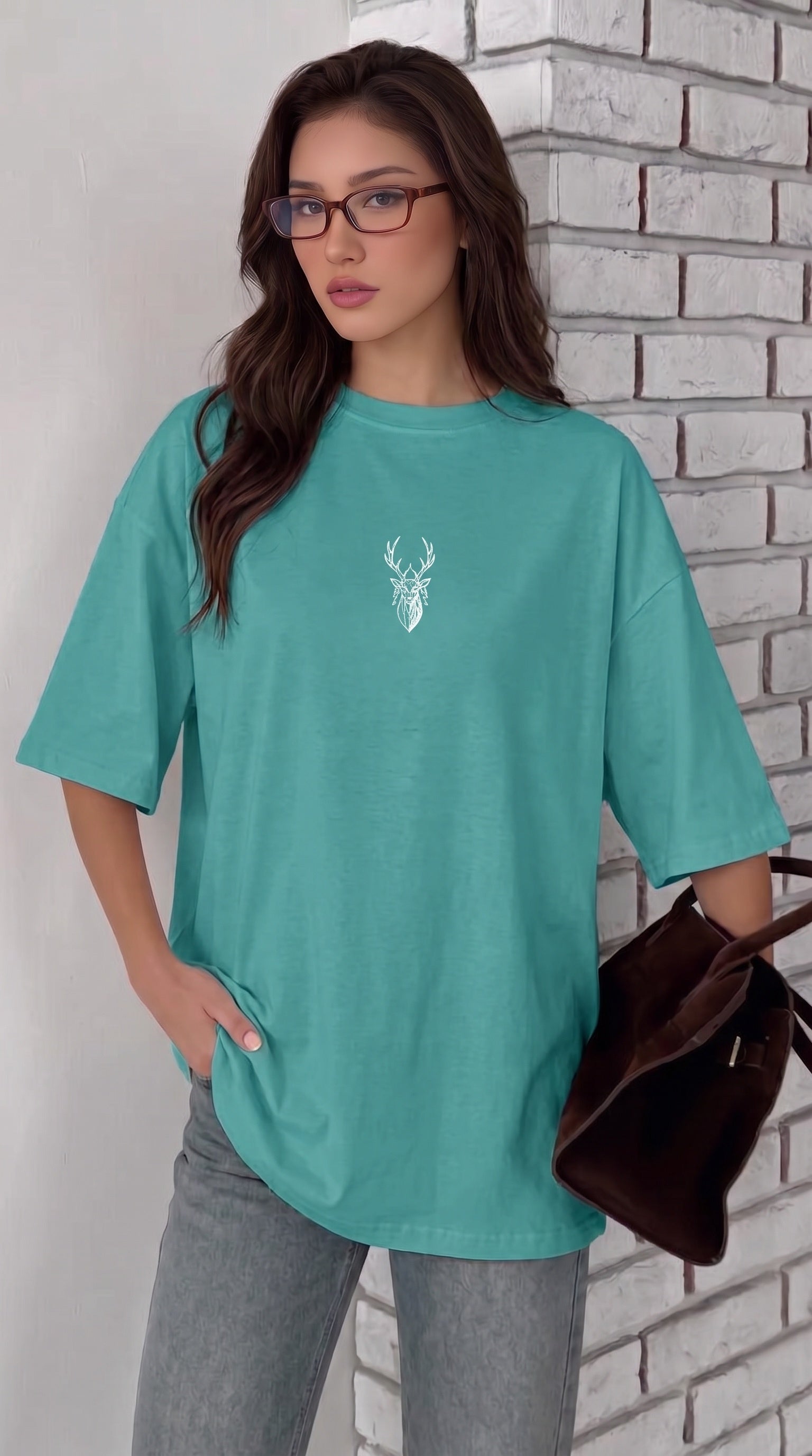 Kadın Turkuaz Geyik Oversize Salas Boyfriend T-shirt