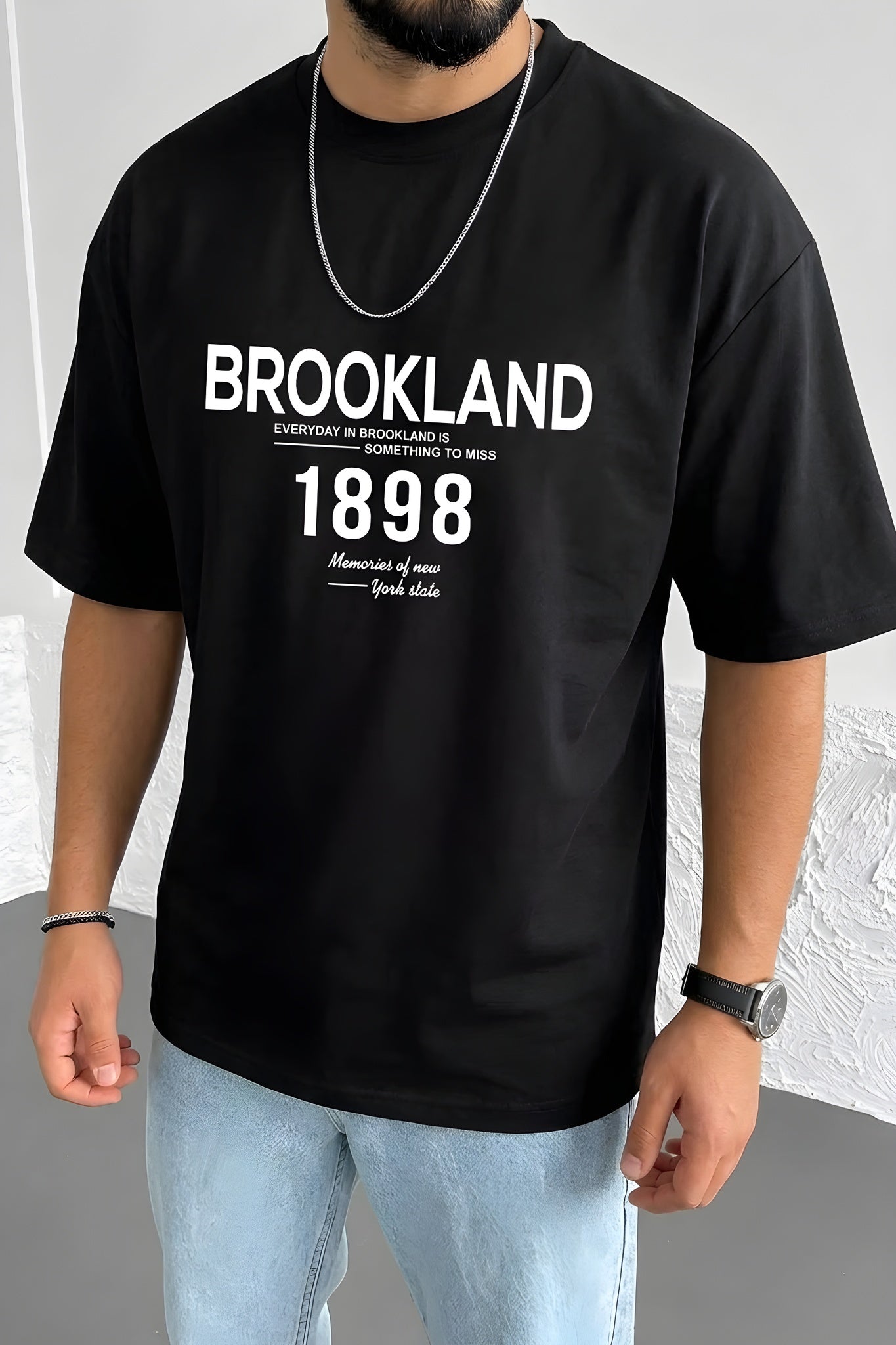 Erkek Siyah 1898 Brookland Baskılı Oversize Salas T-Shirt