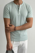 Erkek Mint Henley Yaka Tişört Üç Düğmeli Patlı Fitilli Regular T-shirt