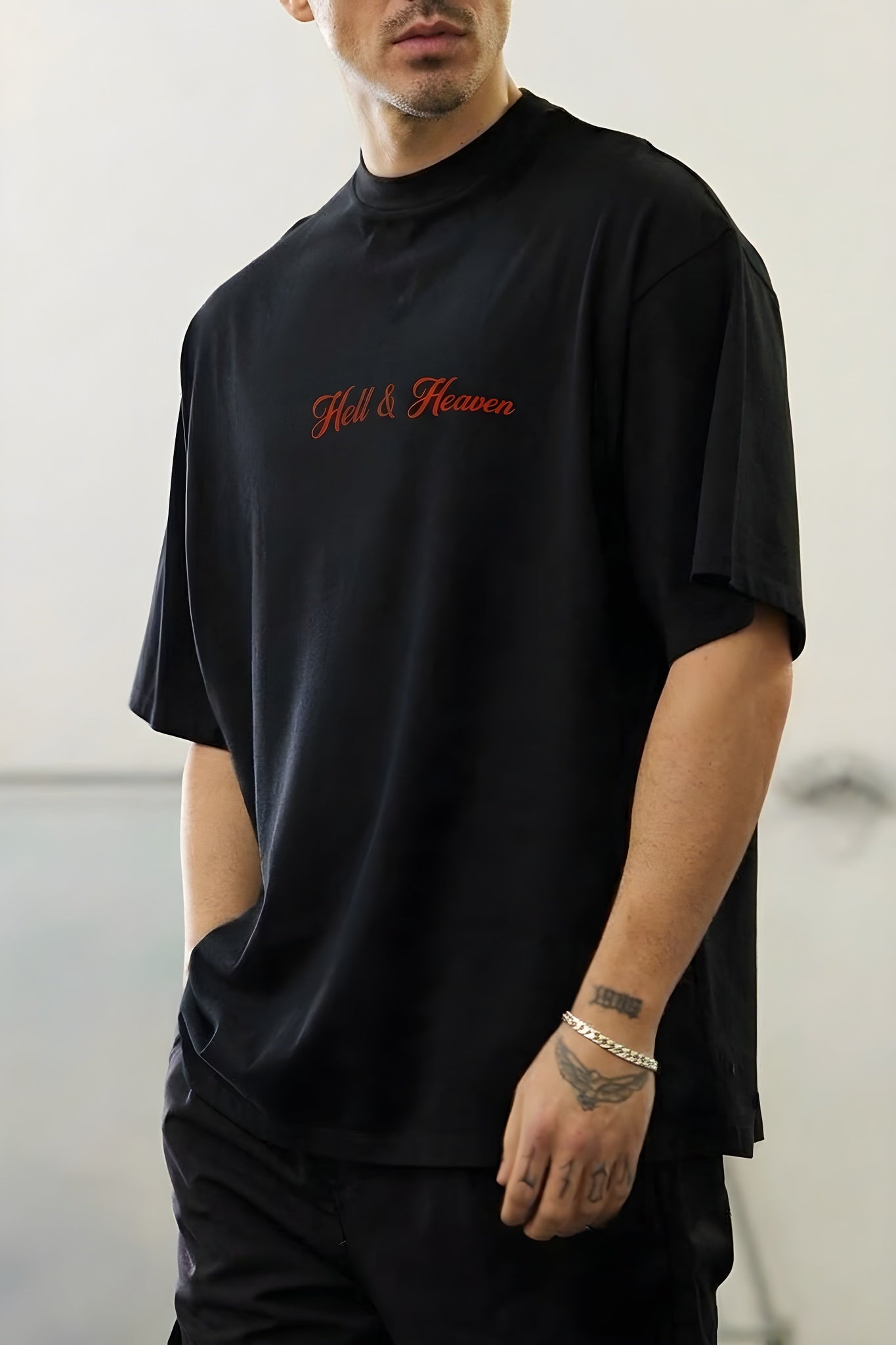 Erkek Siyah Devil And Angel Oversize Fit Bol Geniş Kalıp Salaş Kesim T-shirt