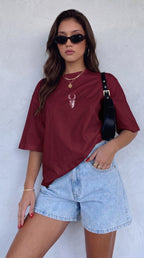 Kadın Bordo Geyik Oversize Salas Boyfriend T-shirt