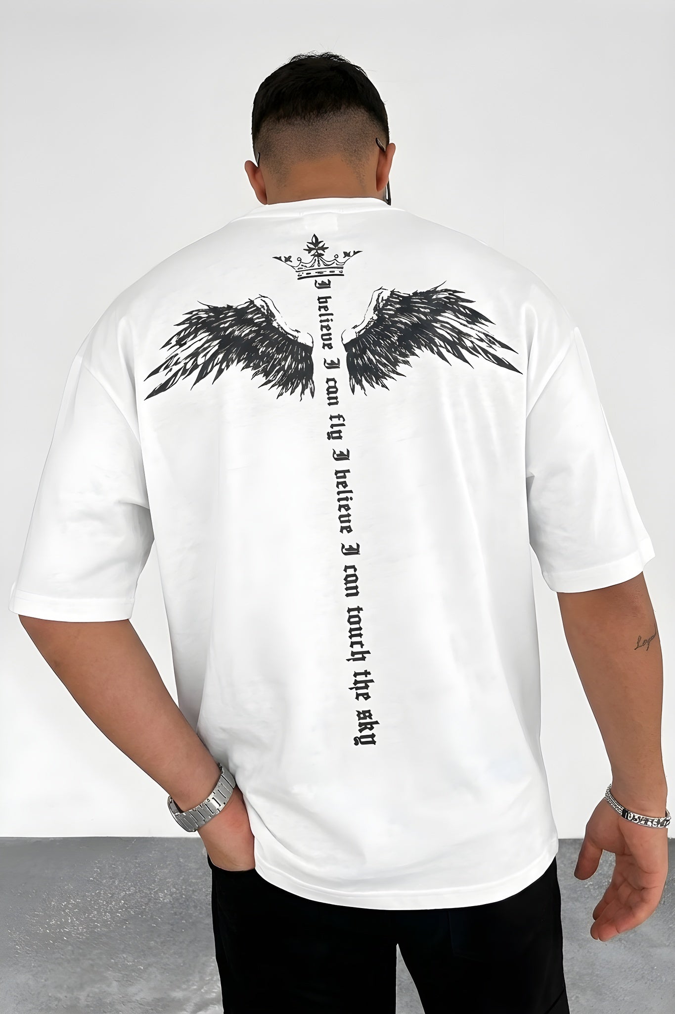 Erkek Ekru Beyaz I Can Fly Oversize Fit Bol Geniş Kalıp Salaş Kesim T-shirt