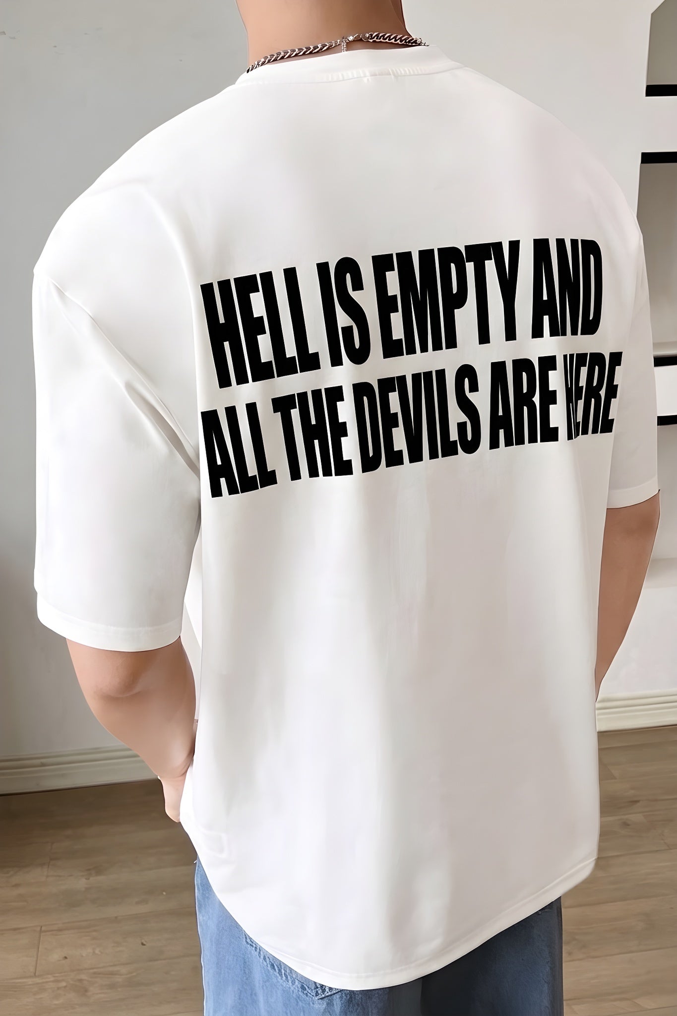 Erkek Hell & Devil Kabaran Baskı Ekru Bisiklet Yaka Oversize Salas T-Shirt