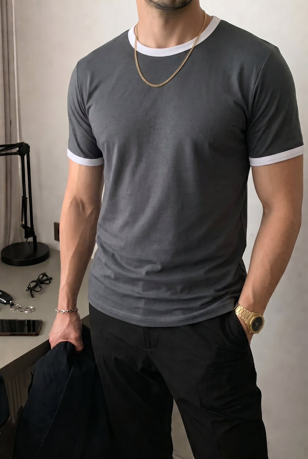 Erkek Gri Renkli Tişört Bisiklet Yaka Kol Garnili Regular T-shirt