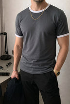 Erkek Gri Renkli Tişört Bisiklet Yaka Kol Garnili Regular T-shirt