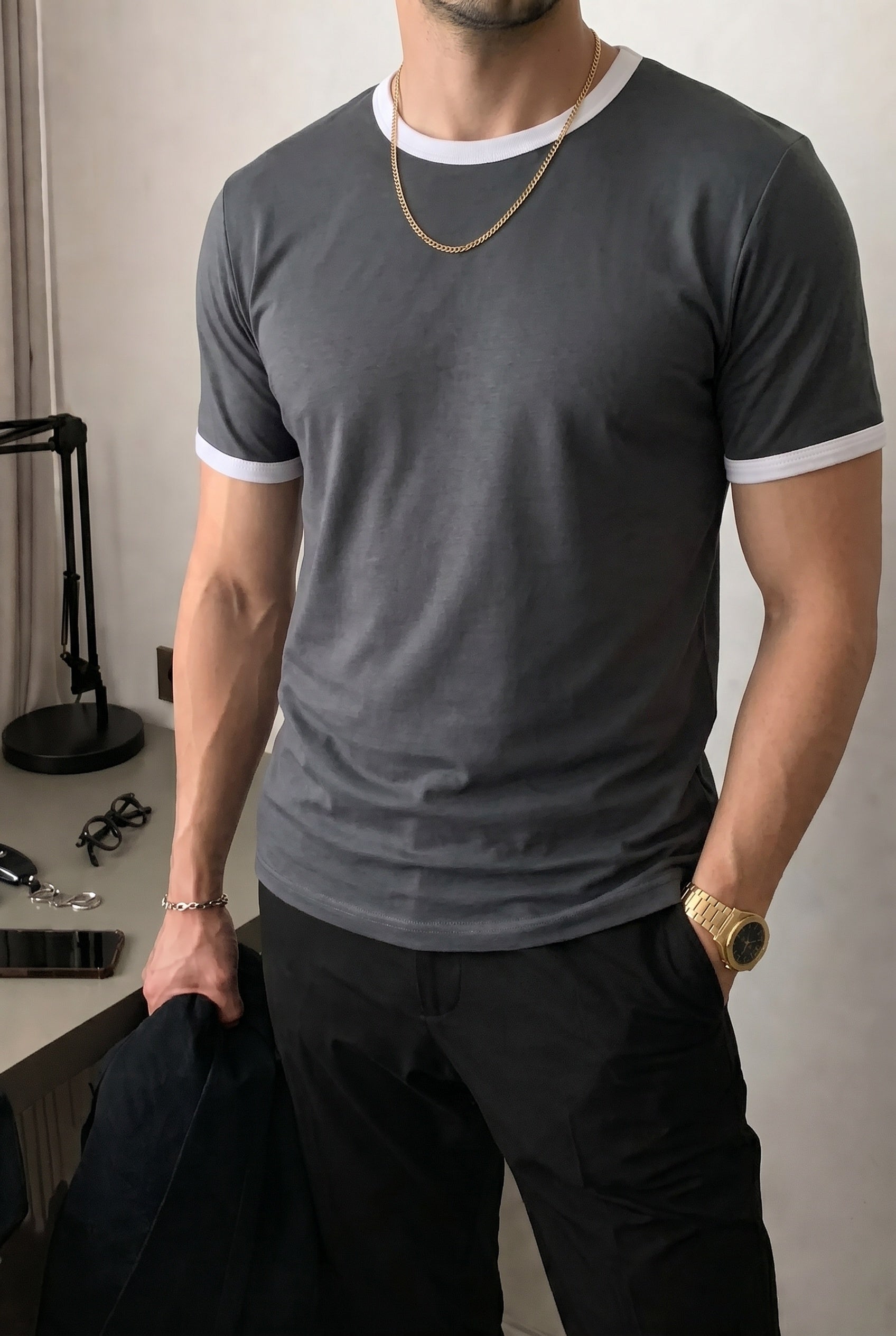 Erkek Gri Renkli Tişört Bisiklet Yaka Kol Garnili Regular T-shirt