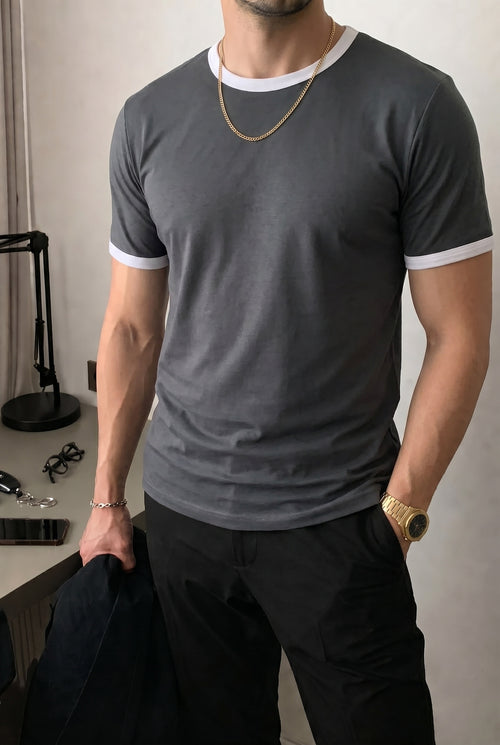 Erkek Gri Renkli Tişört Bisiklet Yaka Kol Garnili Regular T-shirt