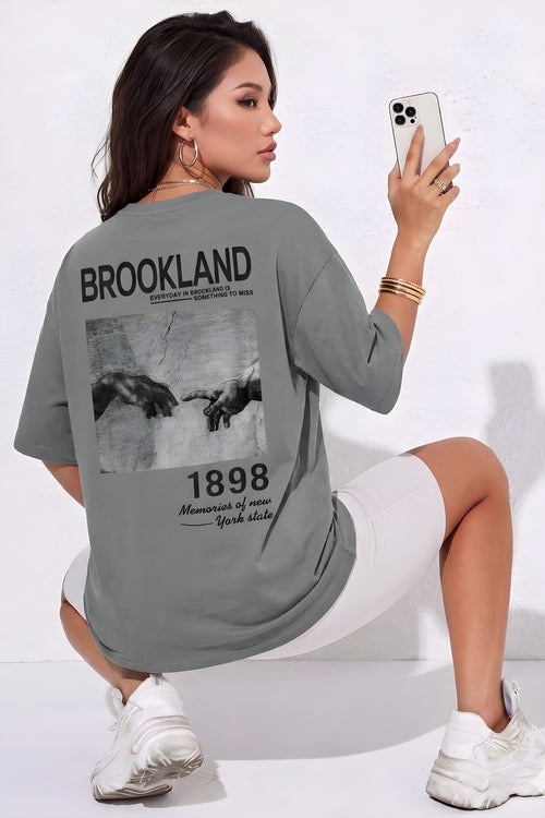 1898 Baskılı Gri Oversize Salas Boyfriend Kadın T-Shirt