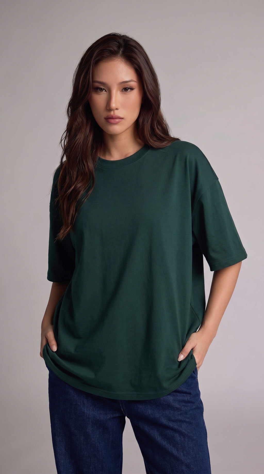 Kadın Koyu Petrol Yeşili Basic Düz Baskısız Oversize Salas T-shirt