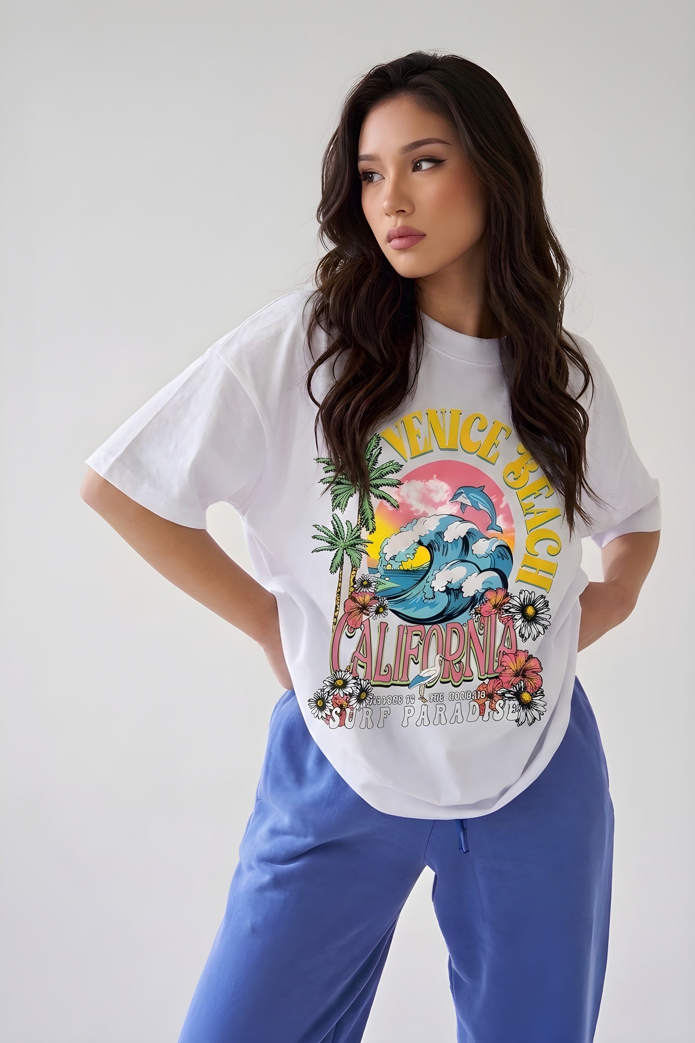 Kadın Venice California Oversize Beyaz T-Shirt - K2190