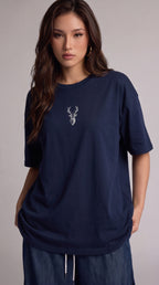 Kadın Lacivert Geyik Oversize Salas Boyfriend T-shirt