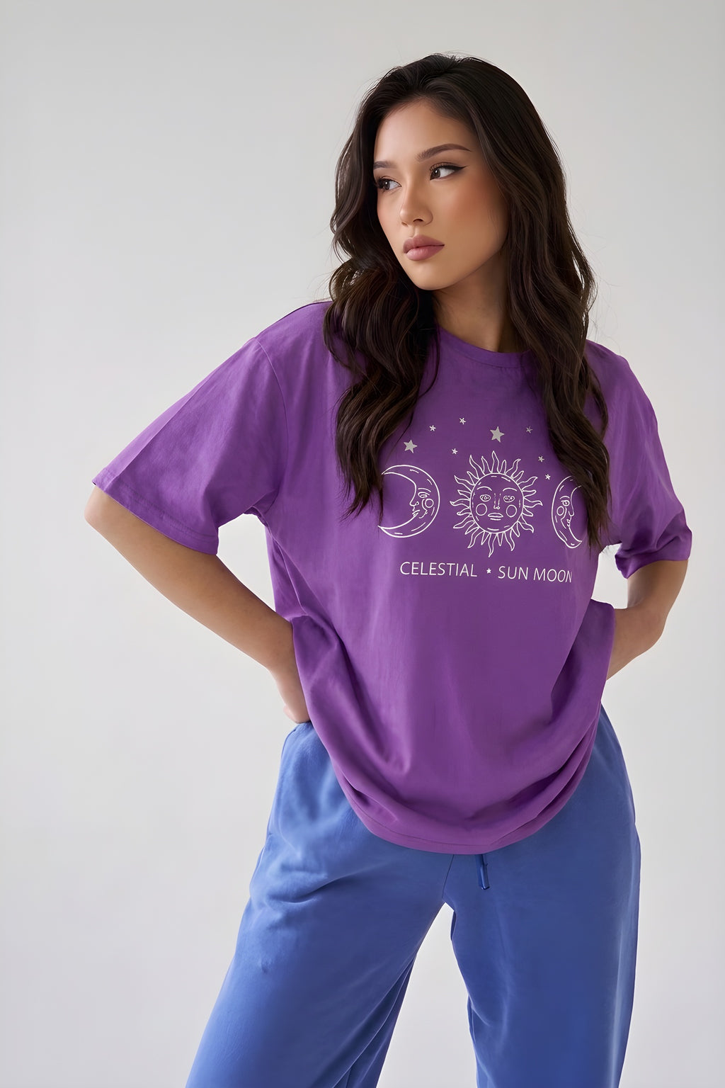 Kadın Mor Oversize Celestial Sun Moon Baskılı T-Shirt - K2113