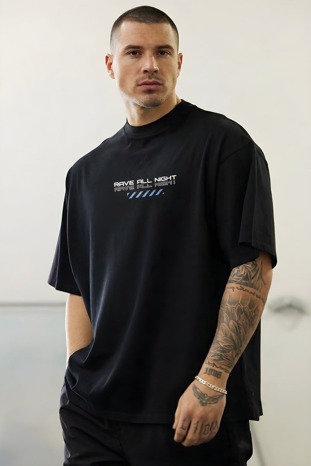 Erkek Siyah Rave All Night Oversize Fit Bol Geniş Kalıp Salaş Kesim T-shirt