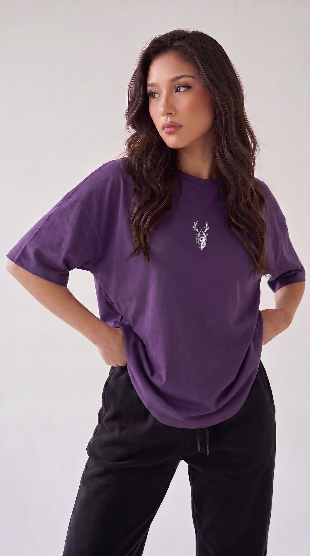 Kadın Mor Geyik Oversize Salas Boyfriend T-shirt