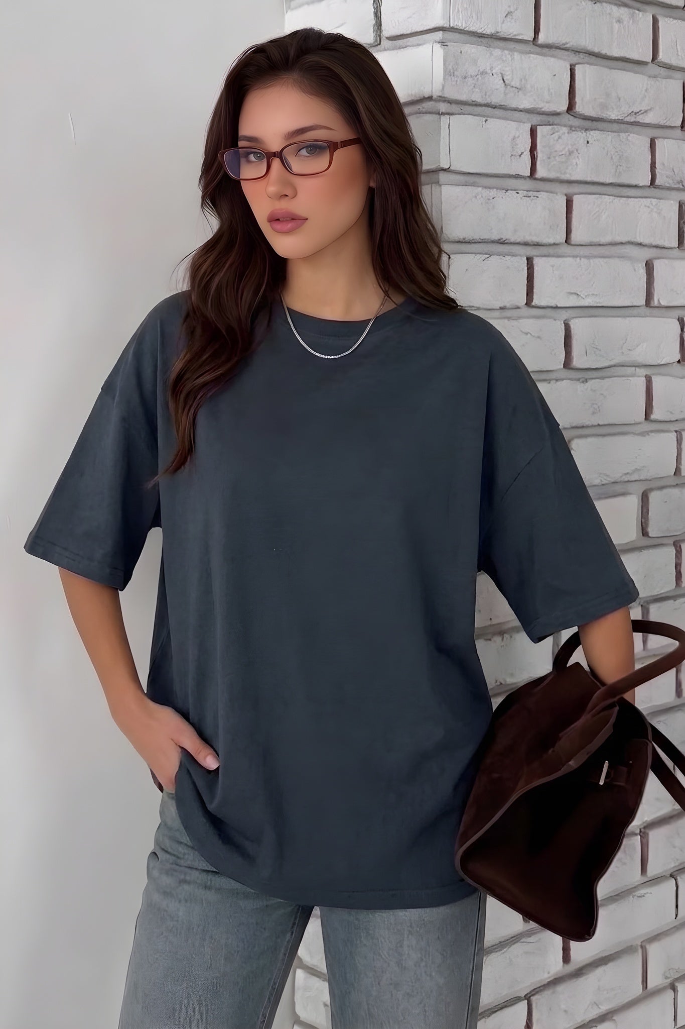 Kadın Lacivert Basic Düz Baskısız Oversize Salas T-Shirt