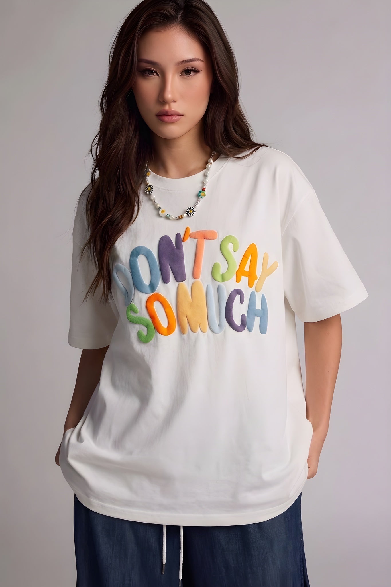 Kabaran Baskı Dont Say Beyaz Oversize Salas Boyfriend Kadın T-Shirt