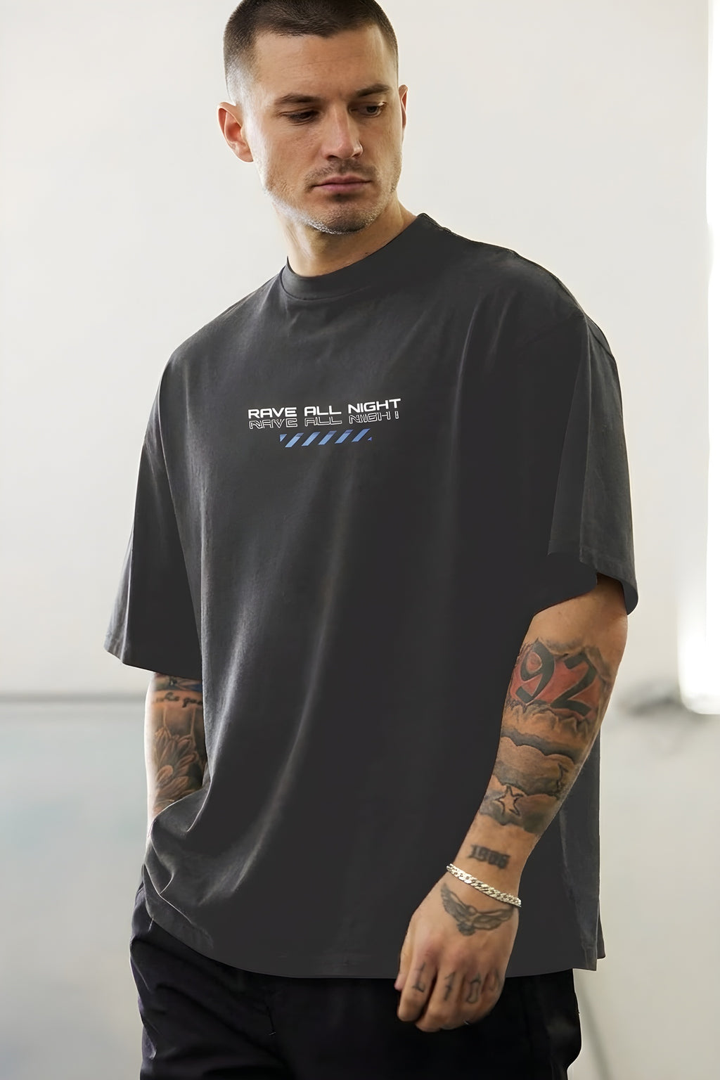 Erkek Füme Rave All Night Oversize Fit Bol Geniş Kalıp Salaş Kesim T-shirt