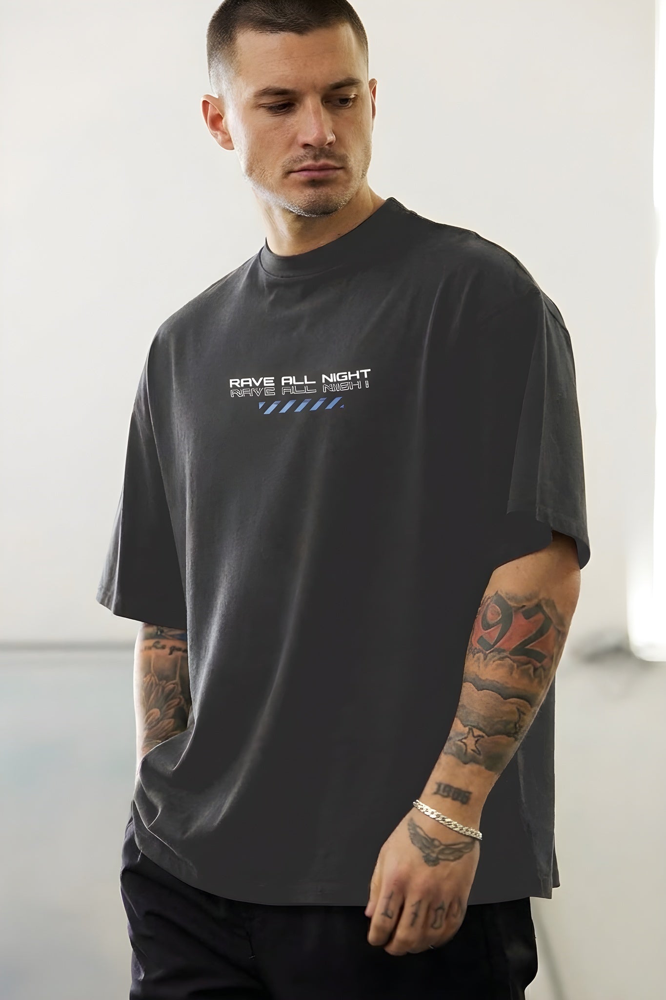 Erkek Füme Rave All Night Oversize Fit Bol Geniş Kalıp Salaş Kesim T-shirt