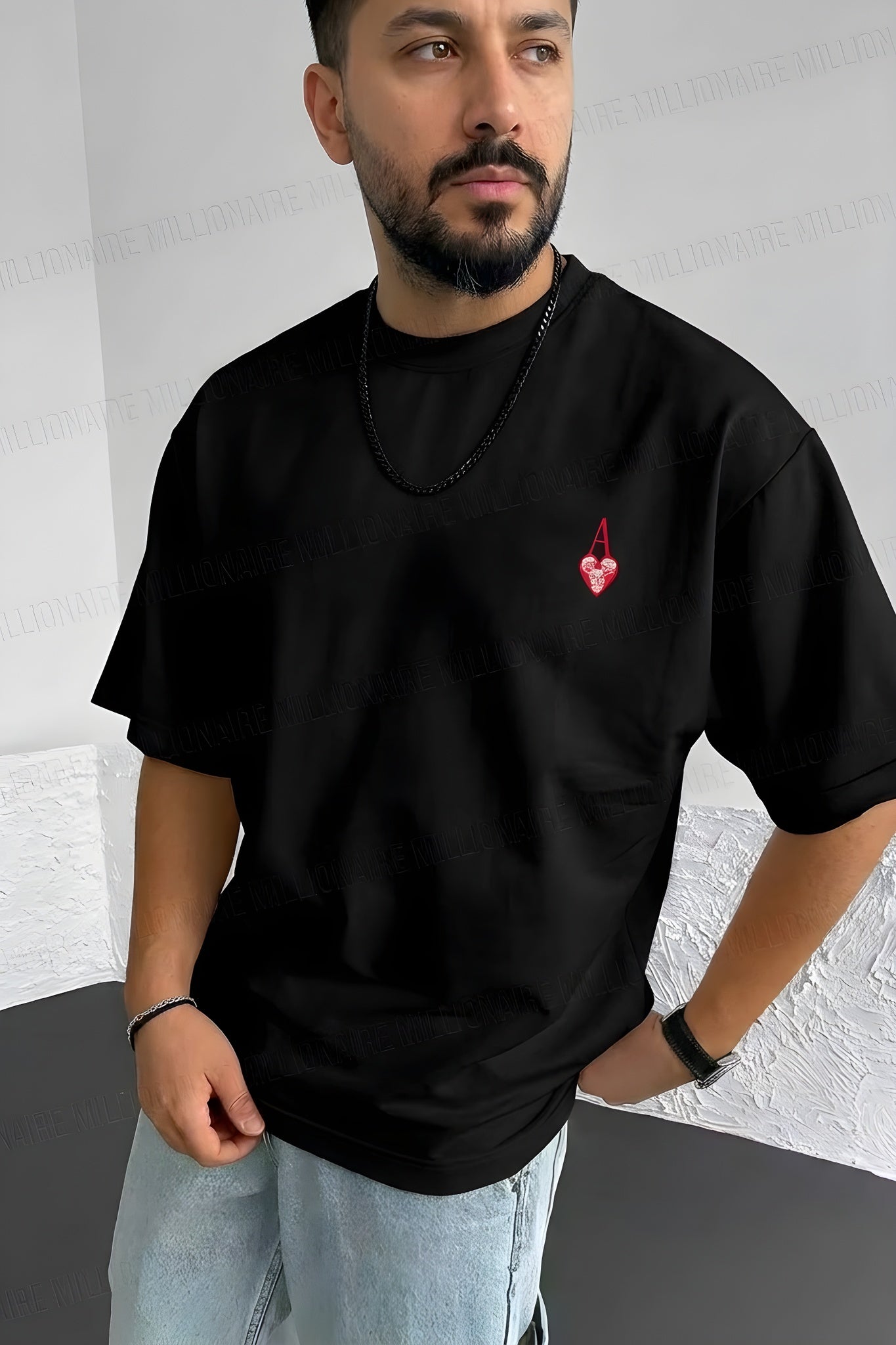 Erkek Siyah Kupa As Kuru Kafa Oversize Fit Bol Geniş Kalıp Salaş Kesim T-shirt