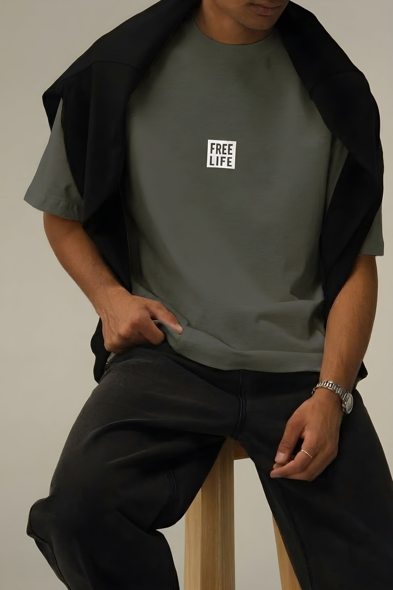 Erkek Haki Free Life Bisiklet Yaka Oversize Salas T-Shirt