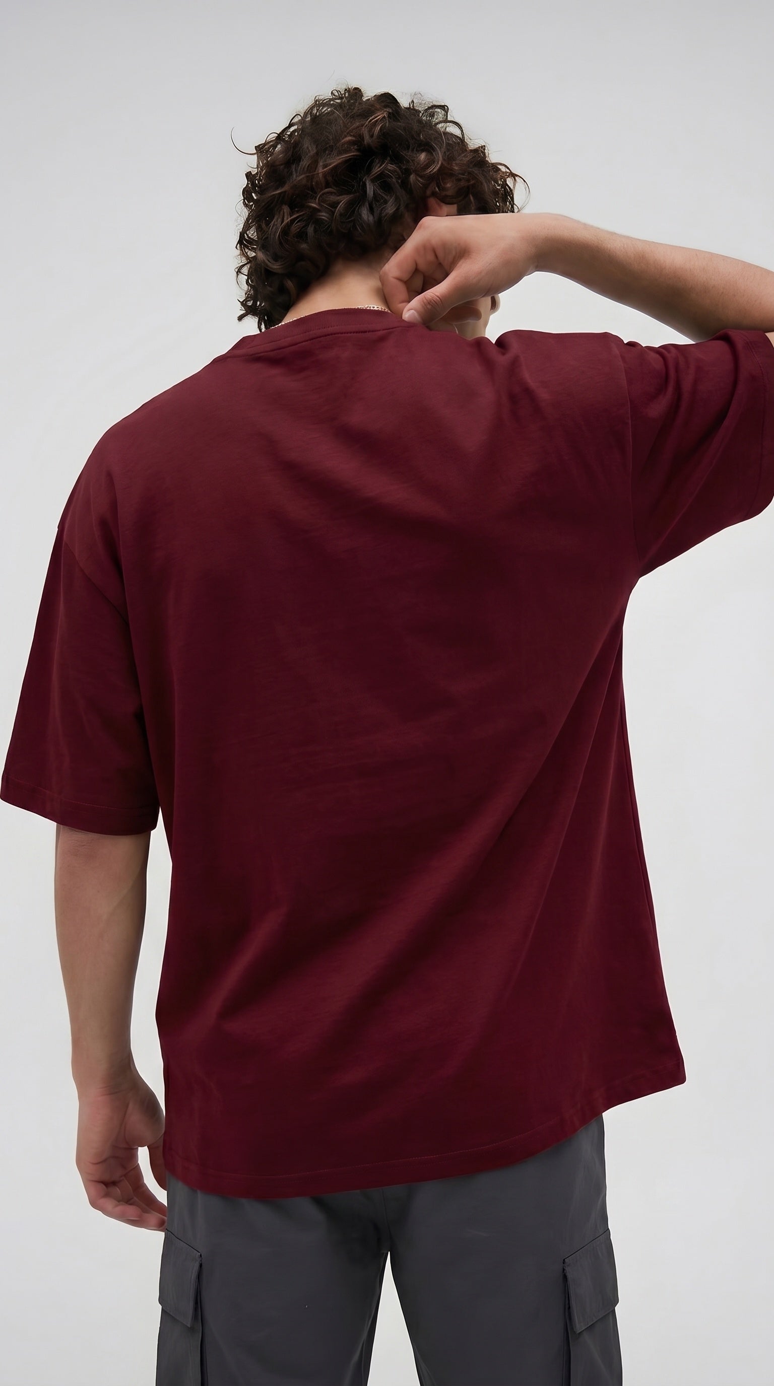 Erkek Bordo Free Life Bisiklet Yaka Oversize Salas T-Shirt