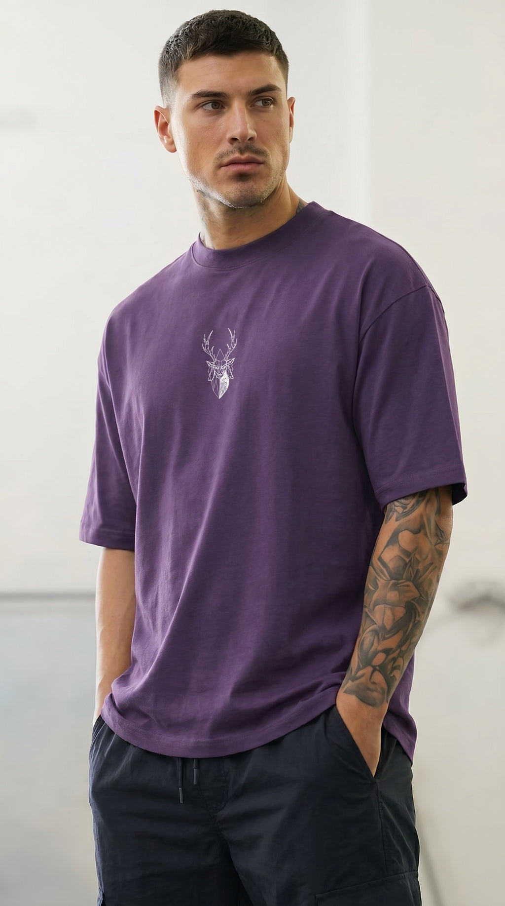 Erkek Mor Geyik Baskılı Oversize Fit Bol Geniş Kalıp Salaş Kesim T-shirt