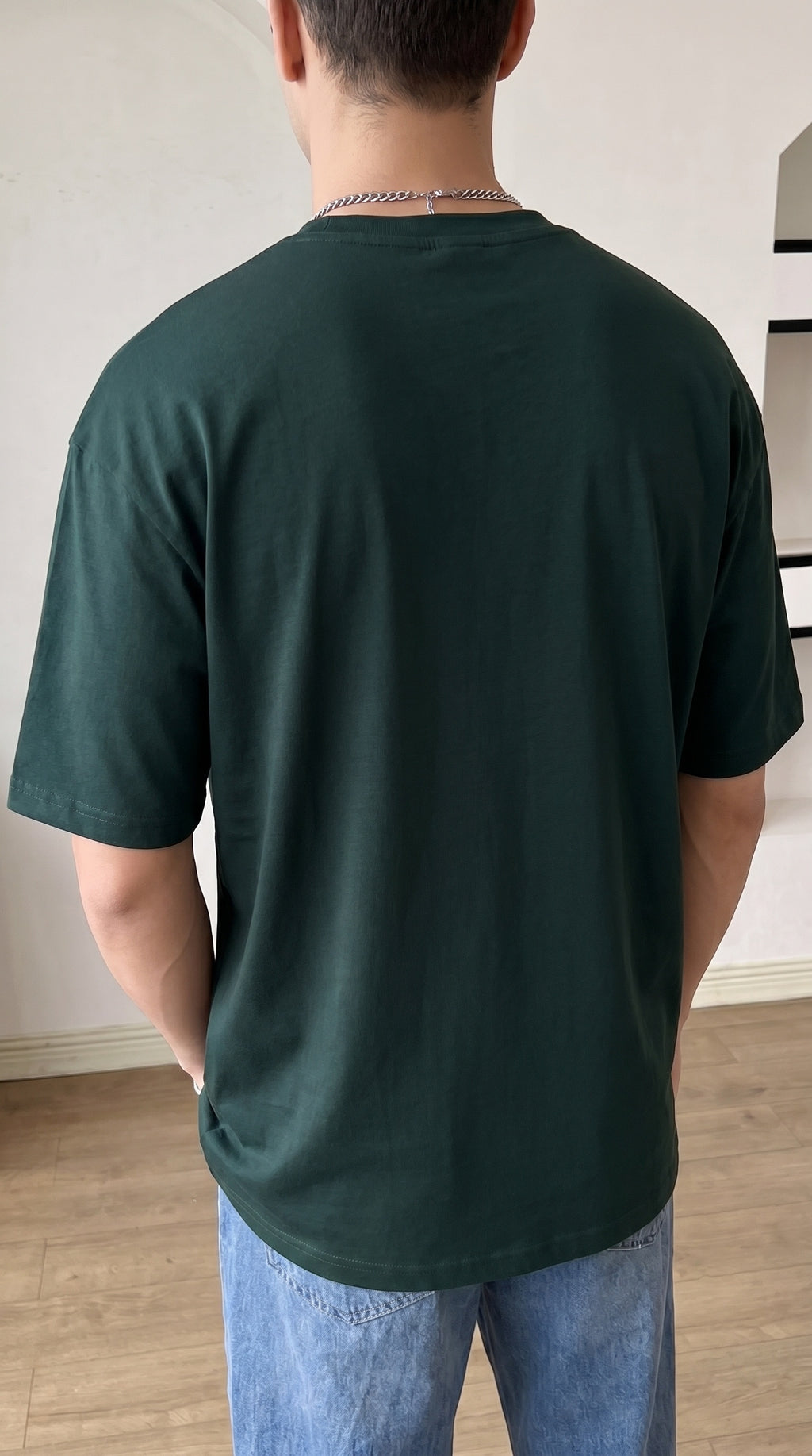 Erkek Koyu Petrol Yeşil Geyik Baskılı Oversize Fit Bol Geniş Kalıp Salaş Kesim T-shirt