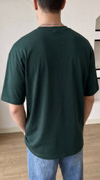 Erkek Koyu Petrol Yeşil Geyik Baskılı Oversize Fit Bol Geniş Kalıp Salaş Kesim T-shirt